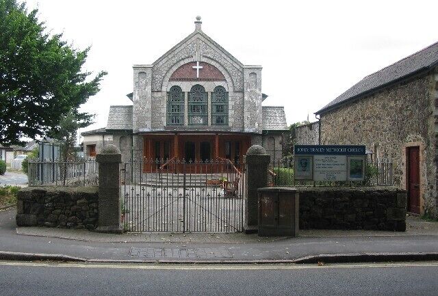Bovey Tracey Methodist Church. A view looking to the southeast across Station Road towards the Methodist Church at Bovey Tracey.