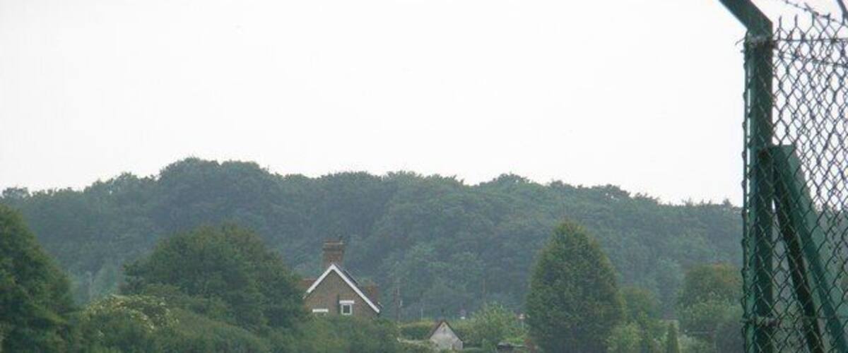 A rural landscape with a house, a fenced field, and a forest in the background.