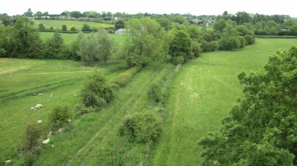 View from Helmdon Viaduct, Northamptonshire, looking east along the former route of the Stratford-upon-Avon and Midland Junction Railway toward Helmdon village and the site of the former SMJR station