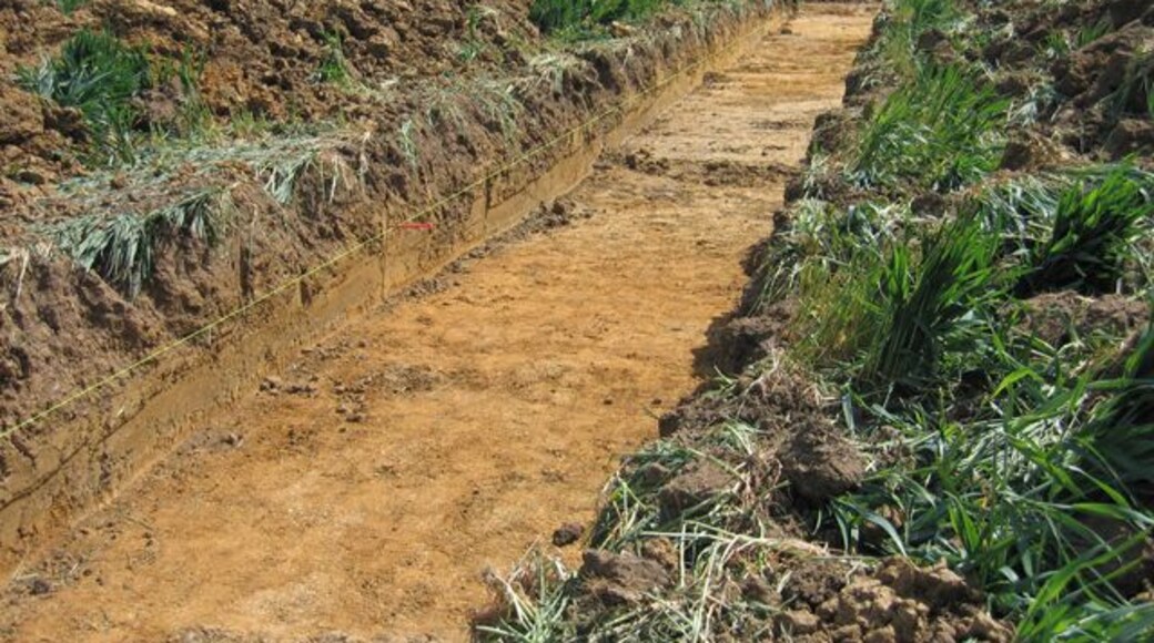 Archaeological dig, Rectory Farm, Brampton, Cambs One of several trial trenches along the new offline A14 route between Ellington and Fen Drayton. A thin, fine-textured solifluction deposit dating from the Late Devensian overlies Devensian gravels.