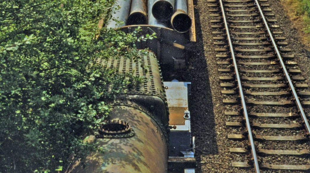Eardington Halt, Severn Valley Railway 1997. View southward, towards Bewdley: ex-GWR Hartlebury - Bewdley - Bridgnorth - Shrewsbury line, now the celebrated heritage Severn Valley Railway, Kidderminster - Bewdley - Bridgnorth. Eardington Halt was closed with the whole line on 9/9/63. On acquisition of the line in 1970 the SVR used the Halt - but only until 1983, although the siding was kept in use for storing some of their collection of goods vehicles, as seen here. More recently, Eardington Halt has become a stopping-place for some Specials running on the SVR.