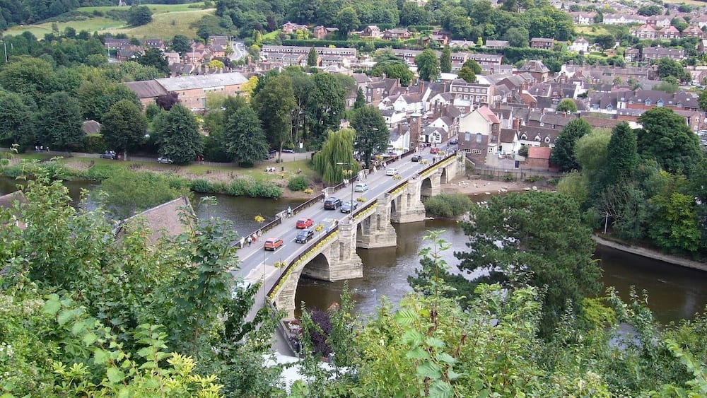 A stone bridge over a river with a town in the background.