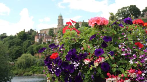 Views from the bridge over to the church in the High Town