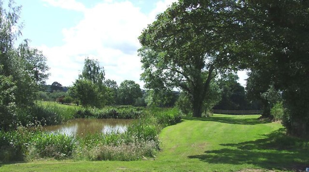 Landscaped Pool, Stapeley Farm, Shropshire The brook has recently been blocked to form two attractively landscaped pools (yet to be marked on OS maps), so the course of the public footpath has to be guessed - a lovely place though, in view of the refurbished old farm buildings.