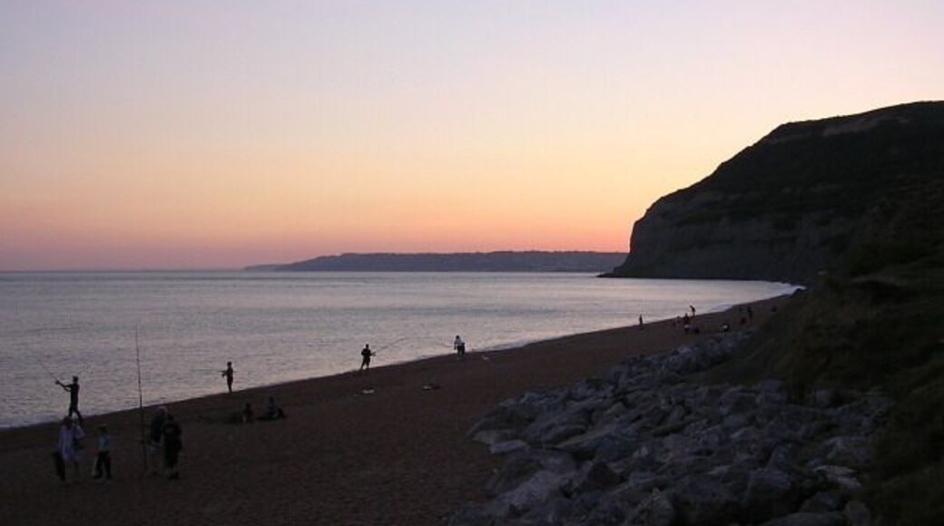 Beach at dusk, Seatown View east along the beach at Seatown, with Golden Cap rising up on the right.