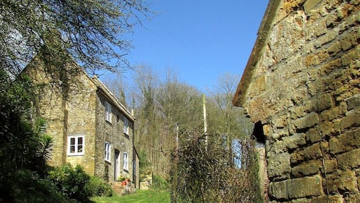 Cottage and cider house, Mappercombe. The C17 (dated 1698) cottage is grade II* listed, as is the cider house, whose west wall is on the immediate right. Footpath W39 70 climbs between them.