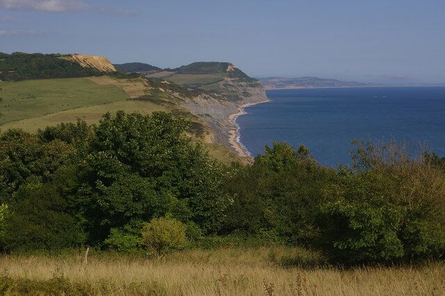 A coastal landscape with a beach, cliffs, and dense greenery.