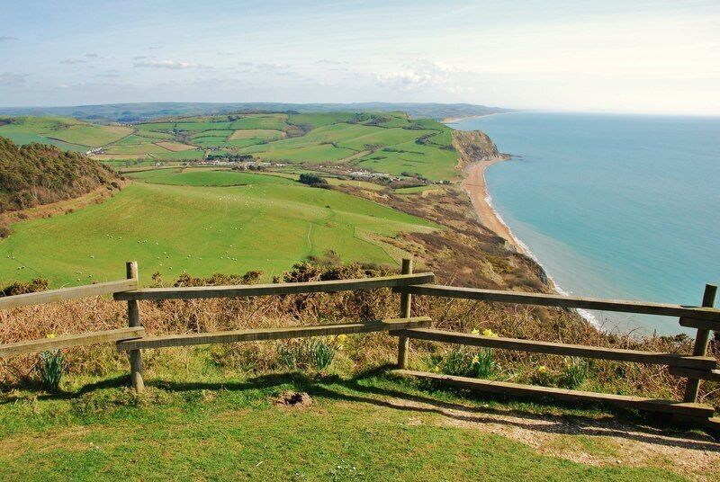 Golden Cap: highest point on the south coast of England. Photo taken from the Trig Point showing the view, from the plateaux, on top of Golden Cap Dorset.