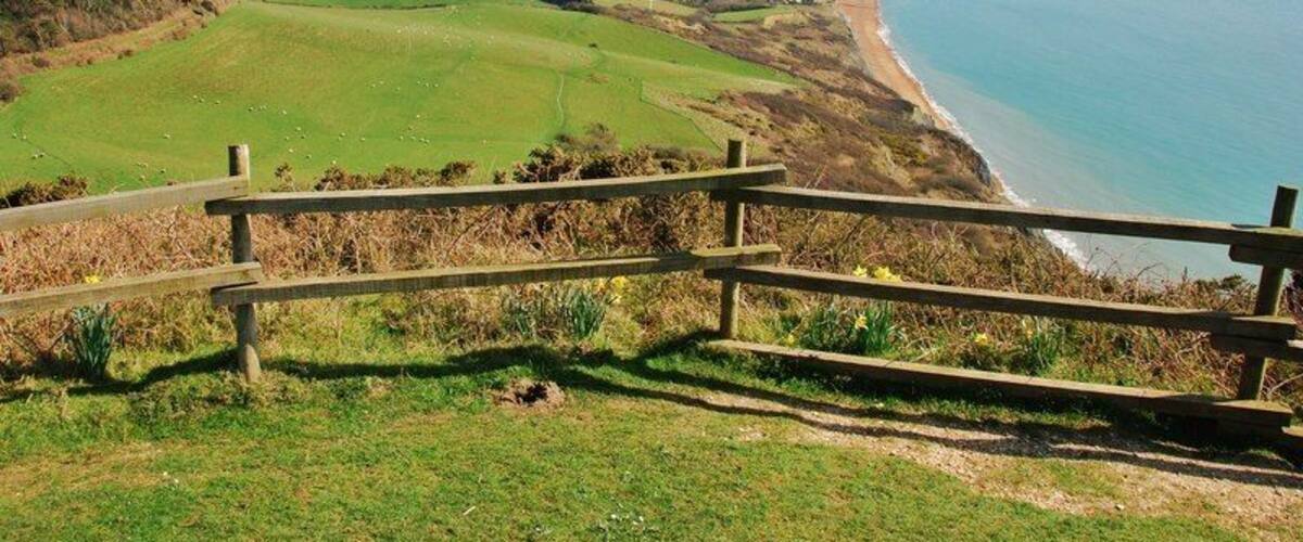 Golden Cap: highest point on the south coast of England. Photo taken from the Trig Point showing the view, from the plateaux, on top of Golden Cap Dorset.