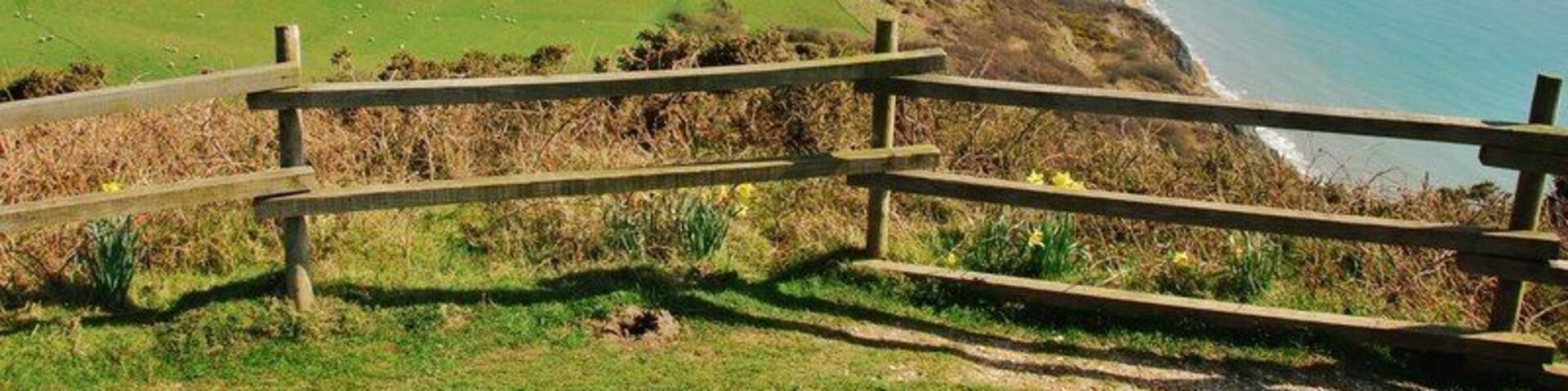 Golden Cap: highest point on the south coast of England. Photo taken from the Trig Point showing the view, from the plateaux, on top of Golden Cap Dorset.