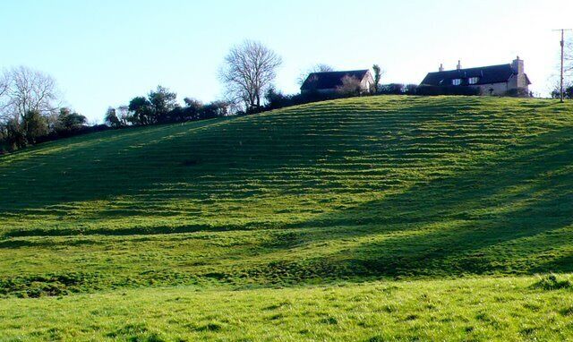 A grassy hill with a house at the top.