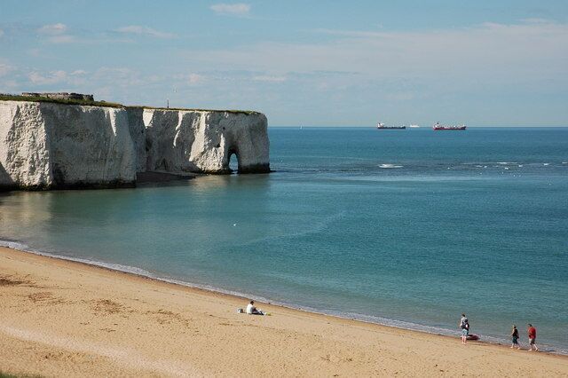 A beach with white cliffs, calm sea, and a distant ship.