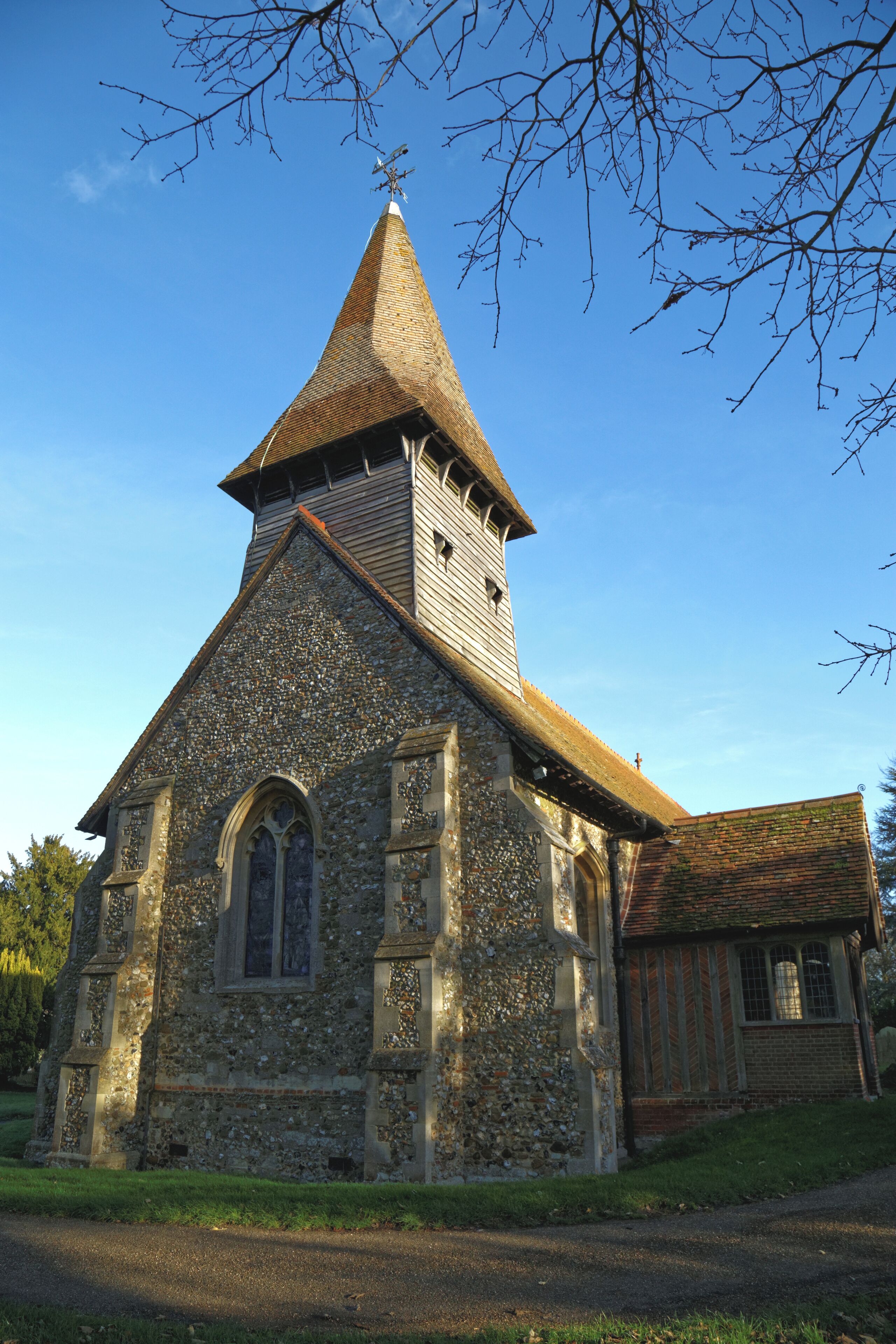 The south west of St Mary the Virgin's Church, Broxted, Essex, England. Software: JPEG file optimized and/or cropped and/or spun with DxO OpticsPro 10 Elite and Adobe Photoshop CS2.