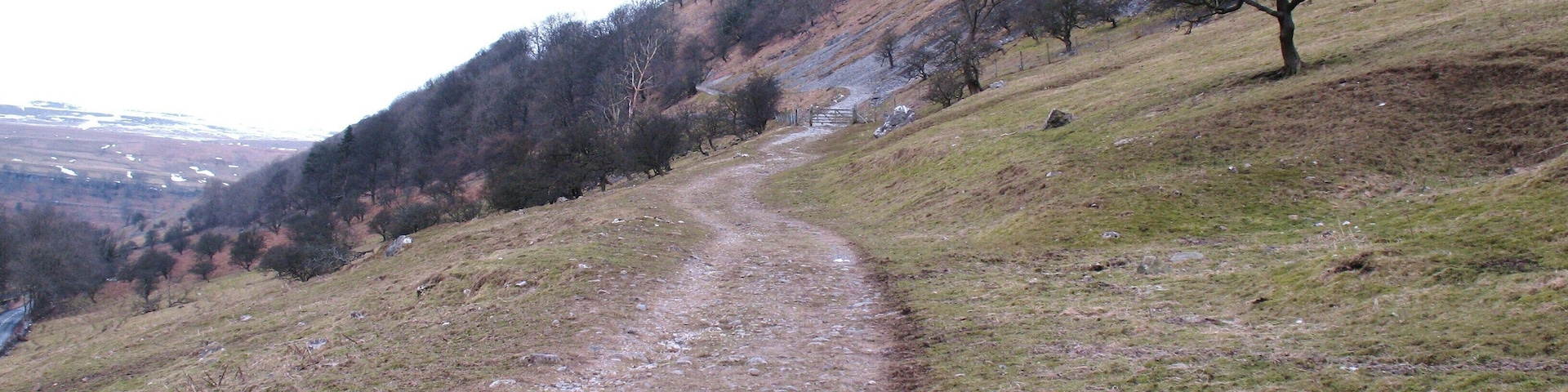 A gravel path winding through a hilly landscape with sparse trees and a distant view of a valley.