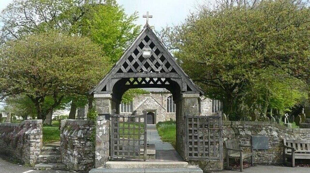 The lych gate, St James's Church, Kilkhampton These covered gateways were built as a sheltered place in which to rest a coffin until the time came to take it into the church. There is a stone in the centre of the gateway on which the coffin was, and I suppose still is, placed.