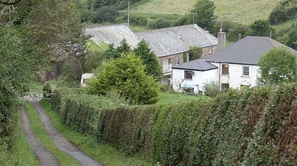 Marhamchurch Foundry. Looking down the lane which runs parallel to the course of the Marhamchurch incline plane. The buildings at the bottom were once a foundry.