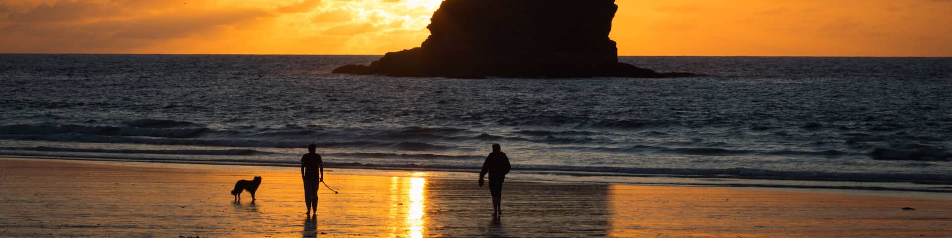 A sunset over the ocean with silhouettes of people and a dog on the beach, and a large rock formation in the distance.