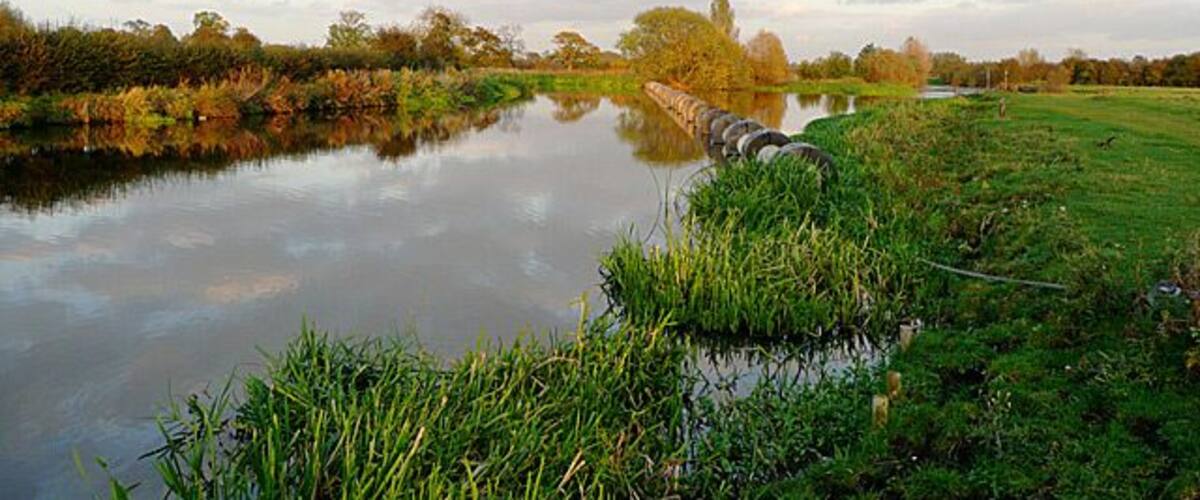 The River Trent north of Alrewas, Staffordshire. A wide angle view showing the boom which boats using the Trent and Mersey Canal (it shares the river course briefly here) being carried onto the weir by river currents. The picture was taken with the sun low, in late evening, hence the golden glow to the trees.