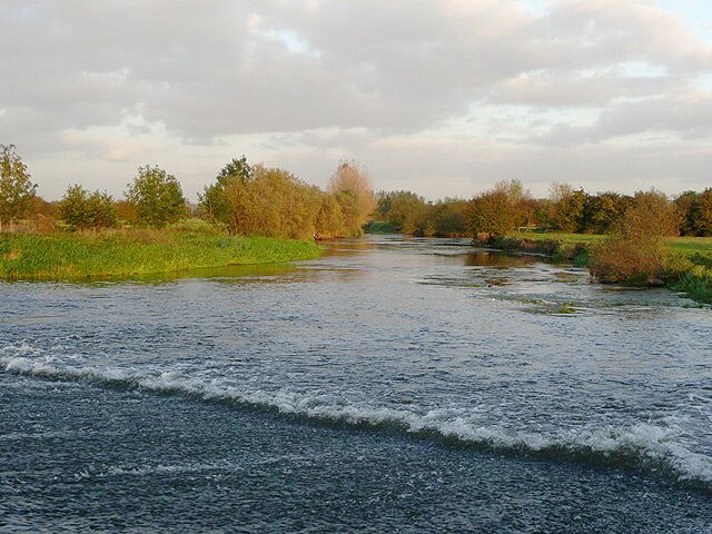 A river flowing through a landscape with trees and grassy banks.