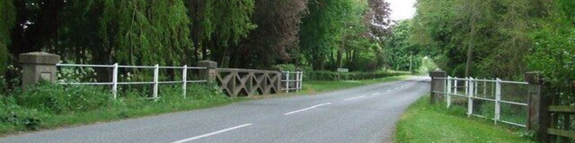 Un camino rural con un puente porticado, rodeado de árboles y vegetación.