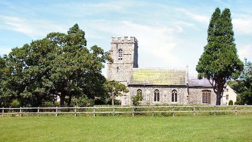 Fornham St Martin Church. The church of St Martin, from King George's playing field.