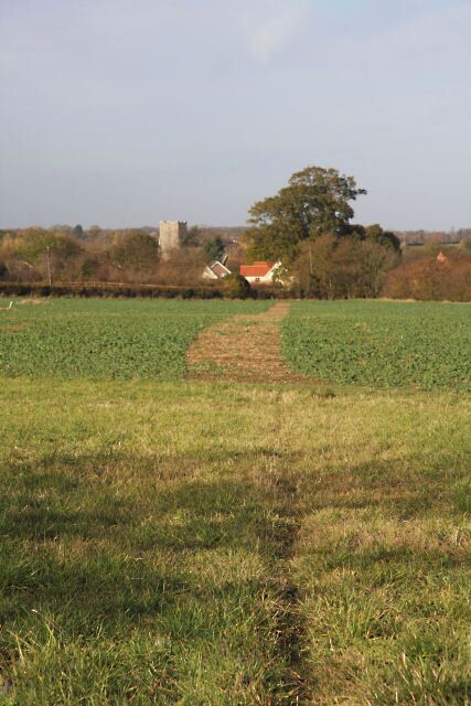 Footpath to Badwell Ash This path leads north-westwards from Richer Road across a field towards the village. The tower of St Mary's Church can be seen nestling in the valley.