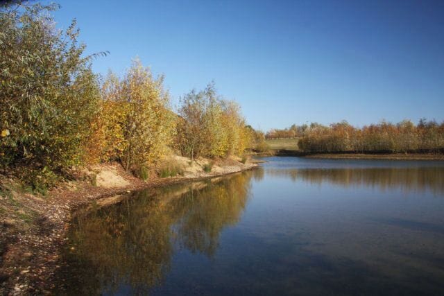 A calm river with autumn foliage reflecting on the water.