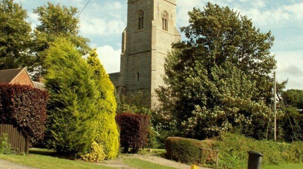 St. Peter and St. Paul; the parish church of Bardwell This is the largest church in this area of Suffolk and has a tall perpendicular tower and a fine perpendicular south porch with good flushwork decoration. The lofty nave carries an excellent hammerbeam roof. The chancel was built in 1553.