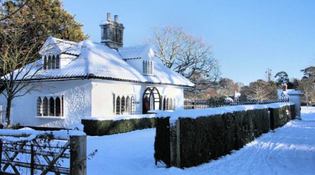 Gatehouse to Ickworth Park Shown as 'Lodge' on the OS map, this is '1 Gatehouse' above the door. The main entrance to the Park is adjacent.