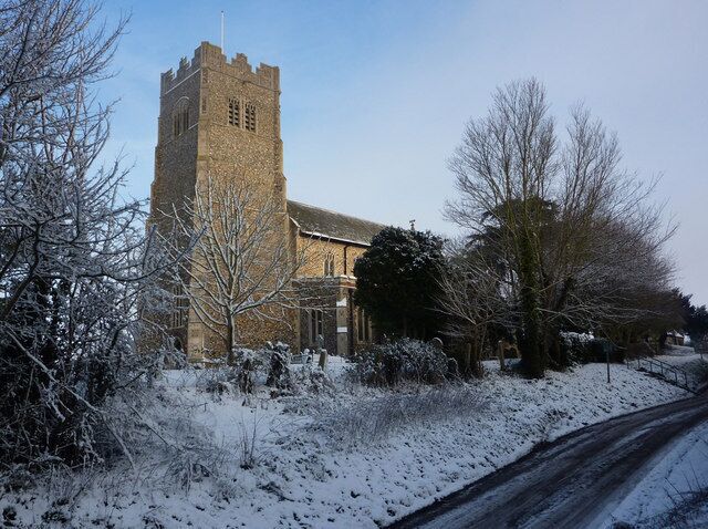 Parish church of St John the Divine, Elmswell, Suffolk, seen from the south in snow