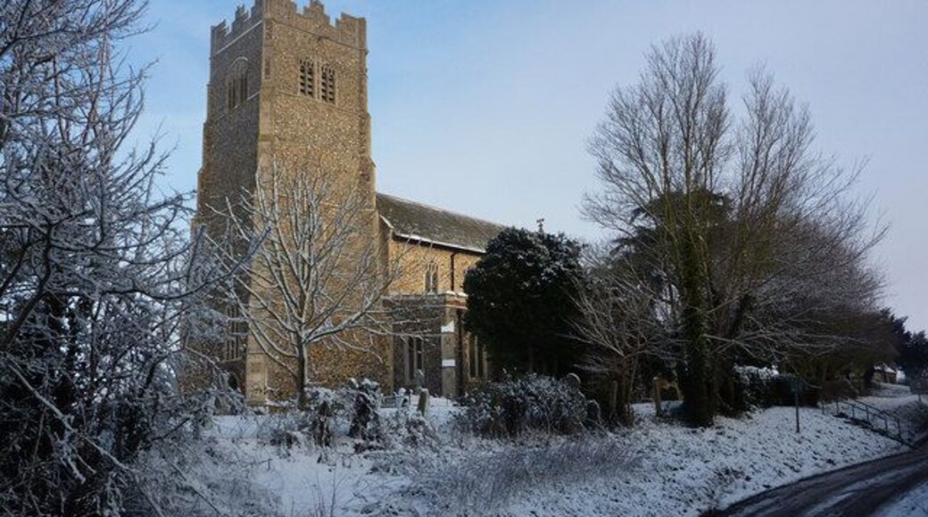 Parish church of St John the Divine, Elmswell, Suffolk, seen from the south in snow