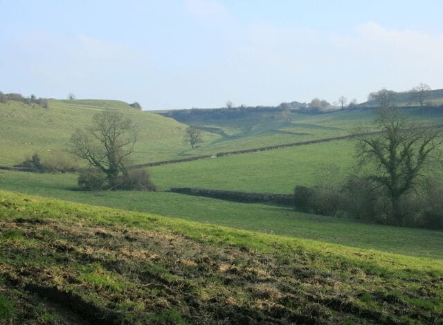 Valley east of Cock Lane There are traces of an ancient field system on the opposite side of this valley and the remains of a prehistoric fort at the top. Pasture