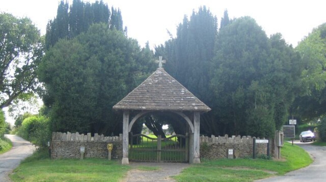 Cemetery gates, Biddestone. A view looking southwest towards the gates to the cemetery at Biddestone.