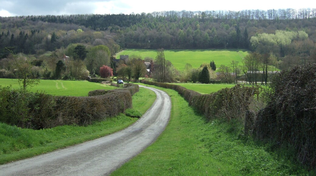 The tiny village of Eaton, with Wenlock Edge behind.