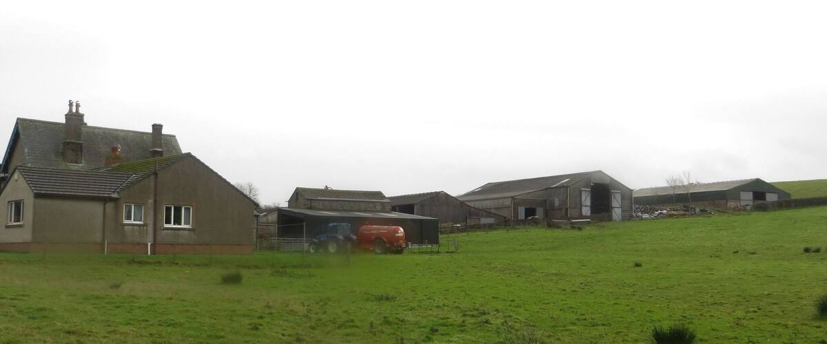 A rural landscape with a large green field, a farmhouse, and several barns.