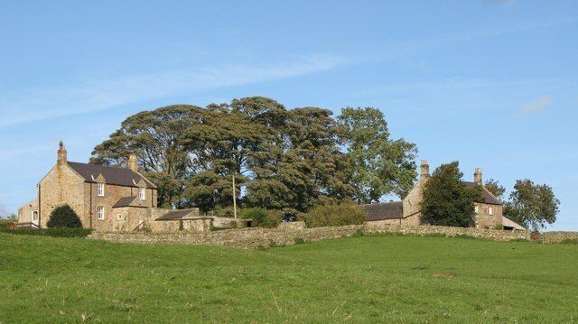 A stone house with a large tree in the background.