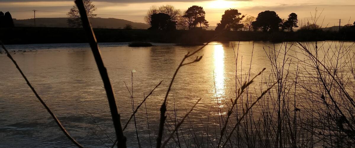 A sunset over a calm river with silhouettes of trees and a distant mountain range.