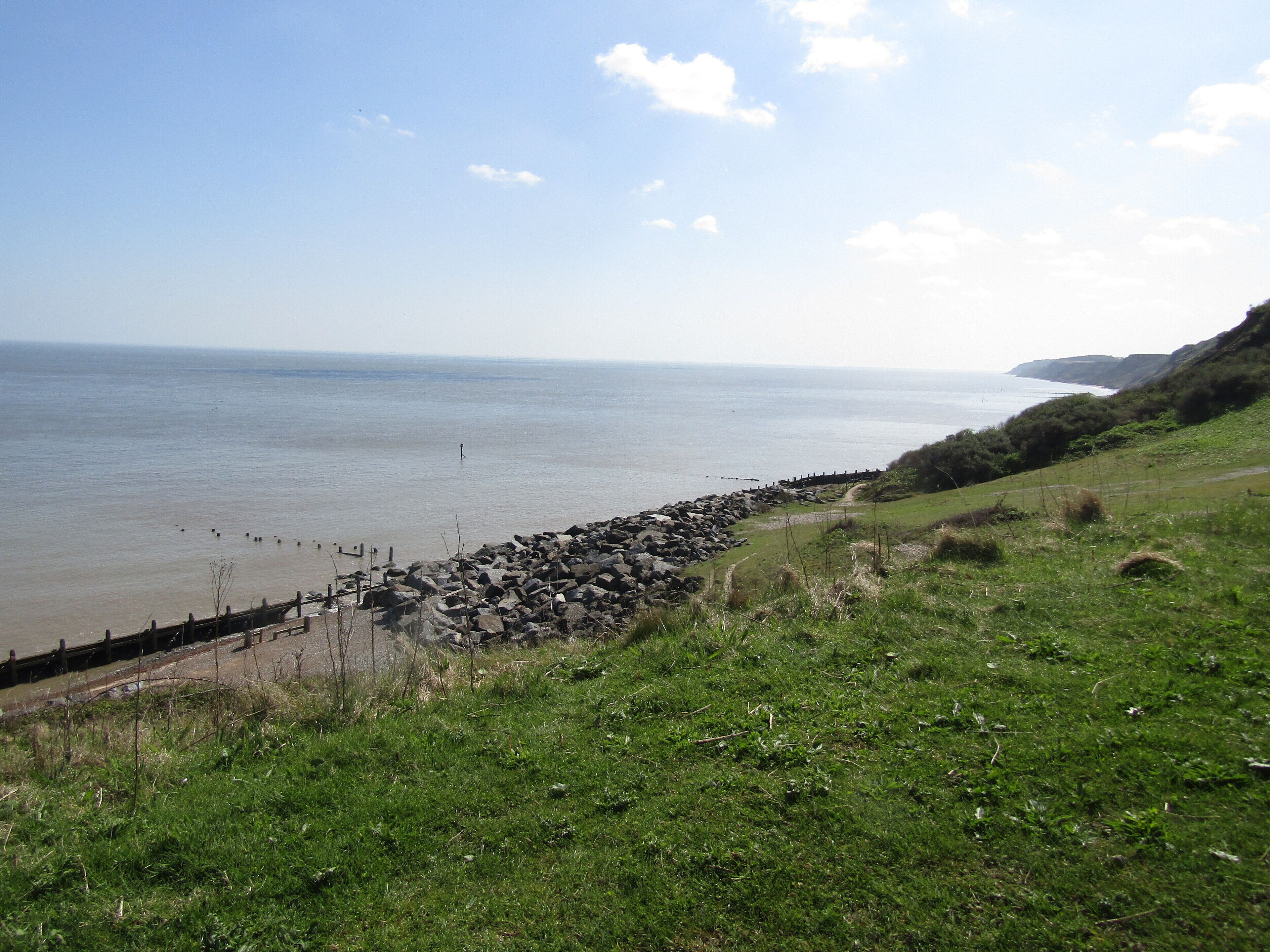Looking eastwards down to Overstrand beach from the cliff tops of Overstrand, Norfolk, England.