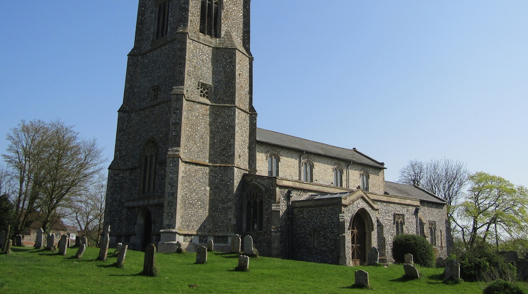 The south facing elevation of the parish church of Saint Mary the Virgin which is located within the village of Northrepps, Cromer, Norfolk.