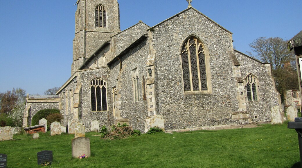 The east facing elevation of the parish church of Saint Mary the Virgin which is located within the village of Northrepps, Cromer, Norfolk.