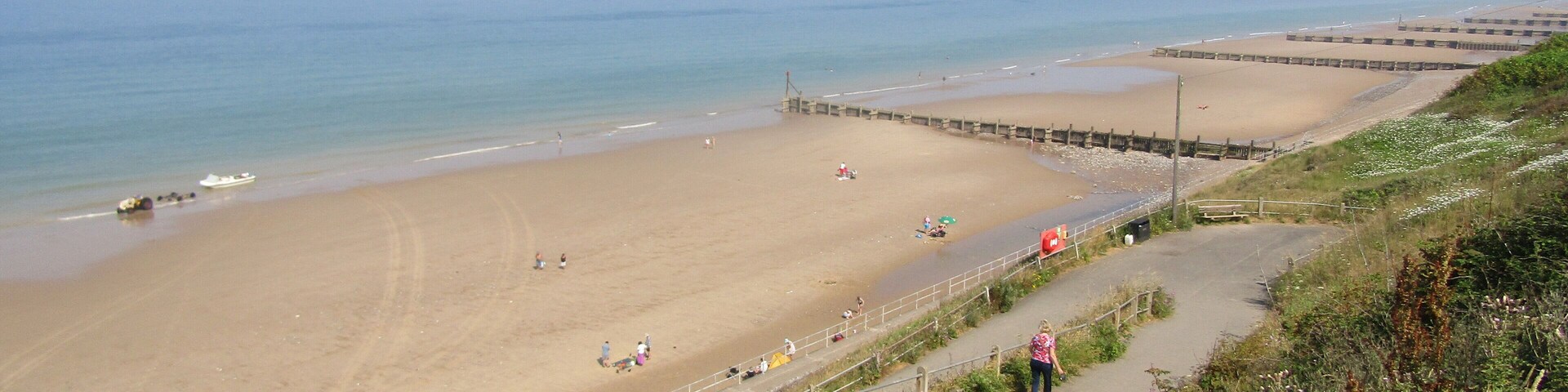 Looking down on Ovestrand beach from the cliff top in the village of Overstrand, Norfolk, England