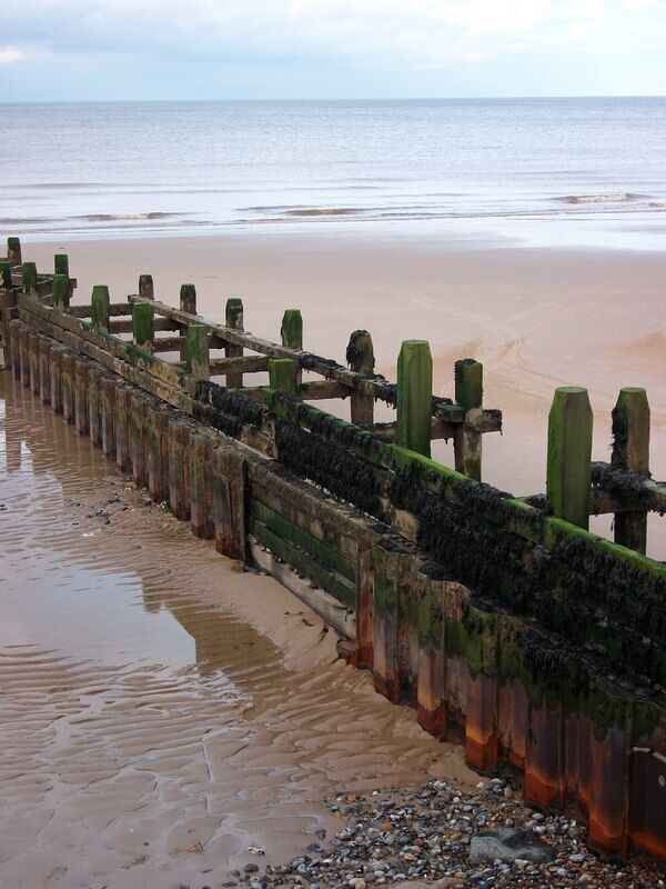 A weathered wooden sea defense with green moss growth, leading to a sandy beach.
