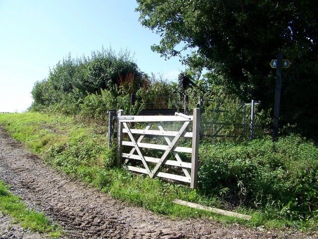 A wooden gate on a rural road with greenery and a clear sky in the background.