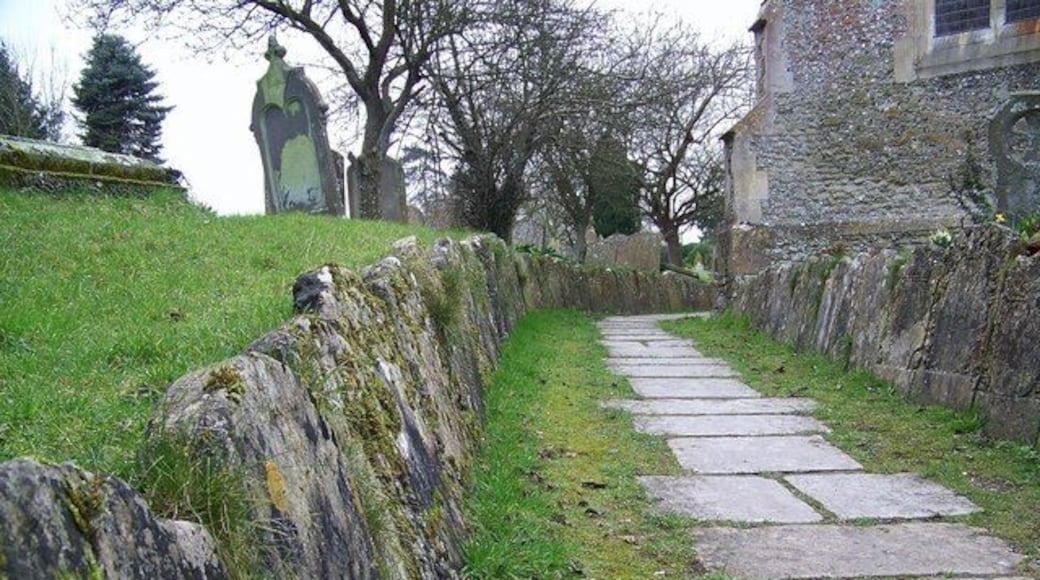 Gravestones at St Peter's Church, Great Cheverell Ancient gravestones line the path to the church porch.