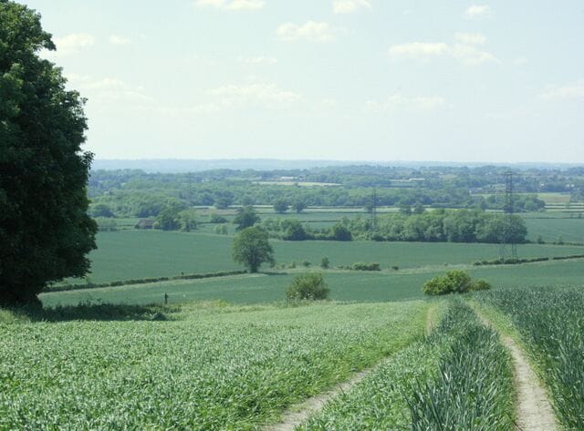 North west from Consciences Lane On a field track heading down the escarpment near Roundway Hill. Farmland and woods beyond.