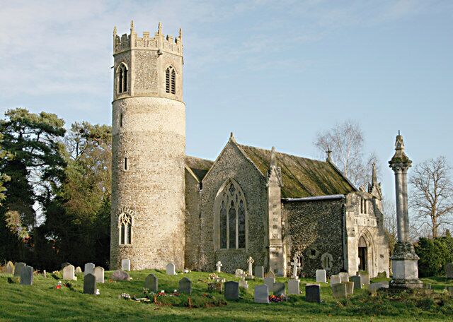 St Mary's Church in the parish of Rickinghall Inferior. The tall memorial commemorates Lt Richard Compton French Maul of the Buffs, who died in April 1874.
