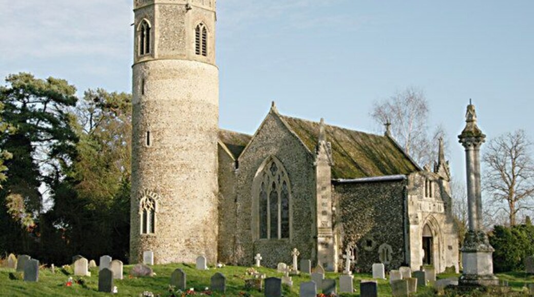 St Mary's Church in the parish of Rickinghall Inferior. The tall memorial commemorates Lt Richard Compton French Maul of the Buffs, who died in April 1874.