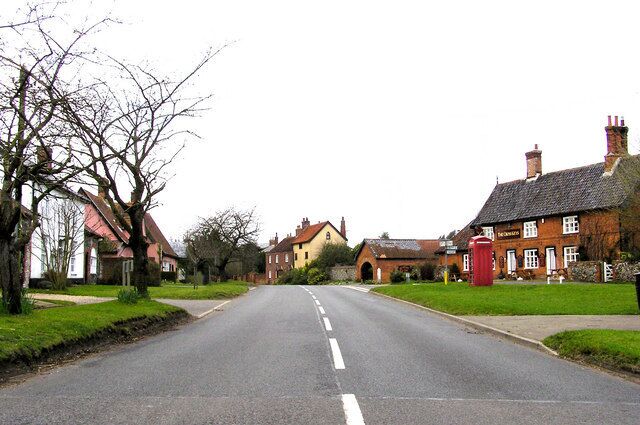 The Street, Redgrave, Suffolk. The Cross Keys pub is behind the 'phone box on the right