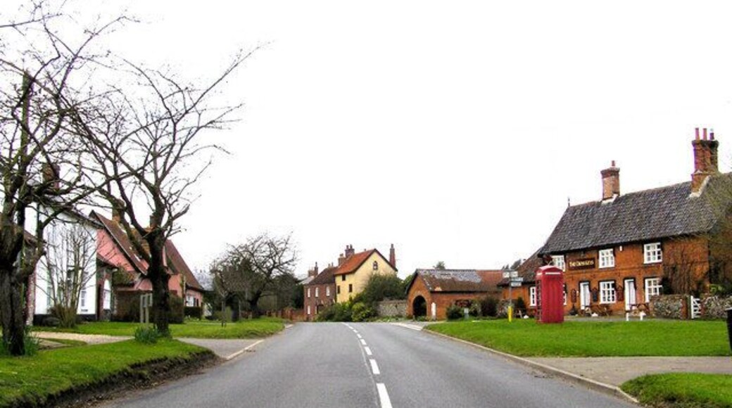 The Street, Redgrave, Suffolk. The Cross Keys pub is behind the 'phone box on the right