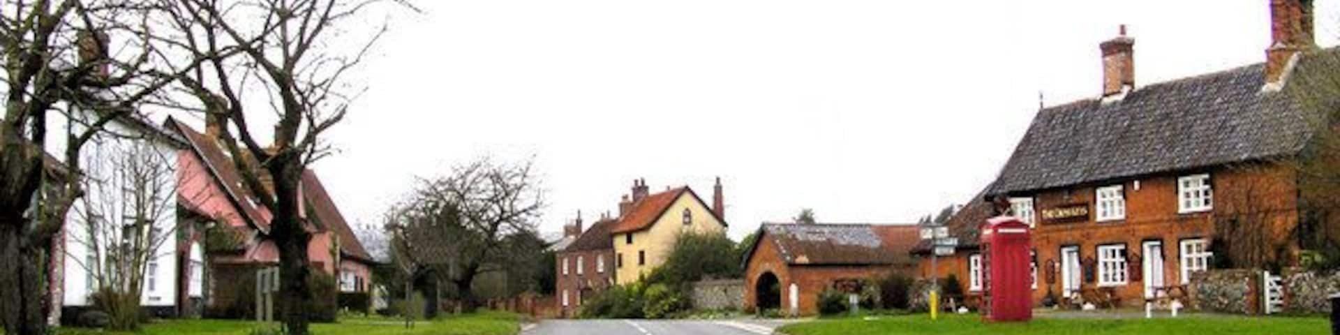 The Street, Redgrave, Suffolk. The Cross Keys pub is behind the 'phone box on the right